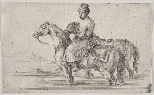 A valet taking two horses to bathe, sitting atop one horse in a river, the other beside him to right by Stefano della Bella, print, 1660-1664