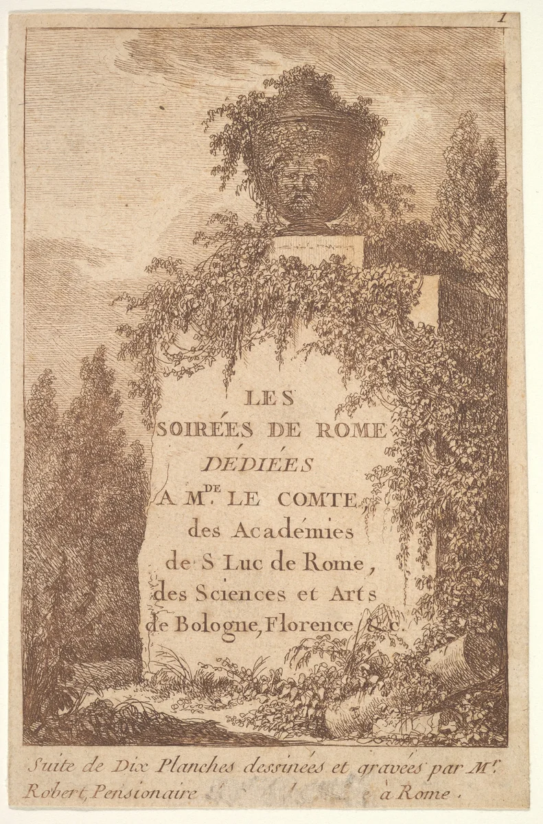 Title page: a wall in center surrounded by ruins and poplar trees, surmounted by a vase decorated with the head of a satyr, from "Les soirées de Rome" by Hubert Robert, print, 1763-1764
