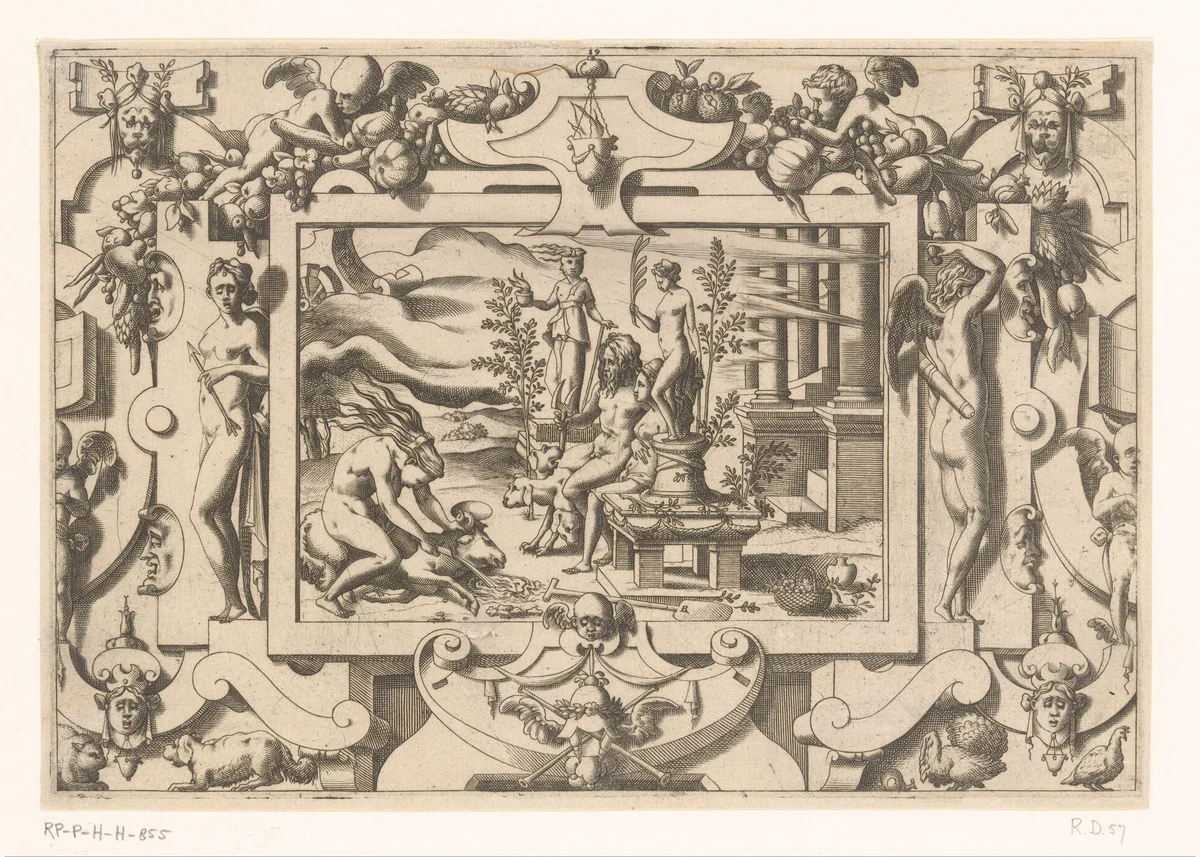 Medea offert een ram voor het altaar van Hecate en Hebe in het bijzijn van Proserpina en Pluto by Unknown, print, 1563