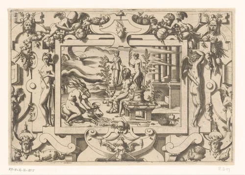 Medea offert een ram voor het altaar van Hecate en Hebe in het bijzijn van Proserpina en Pluto by Unknown, print, 1563