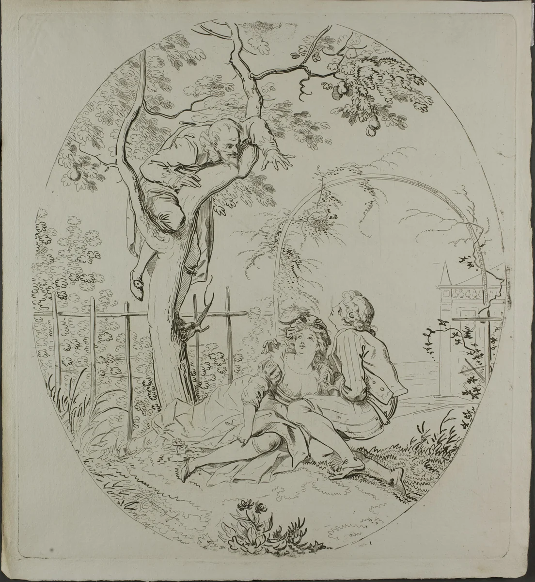 Bearded Man Spying on Lovers Under an Arbor by Johann Heinrich Ramberg, print, 1795