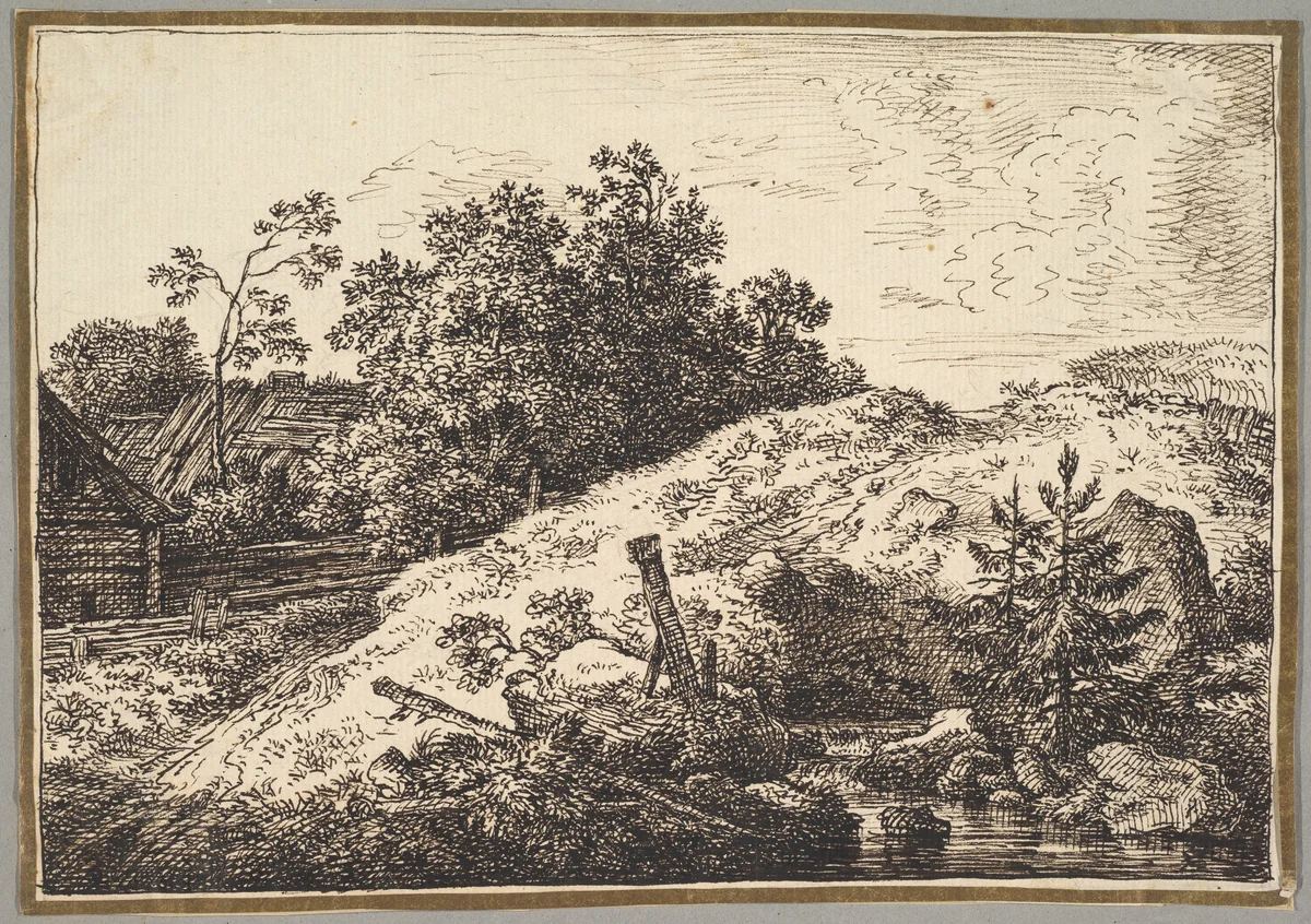 Landscape with a Brook and Farm Buildings by Ferdinand Kobell, drawing, 1760-1799