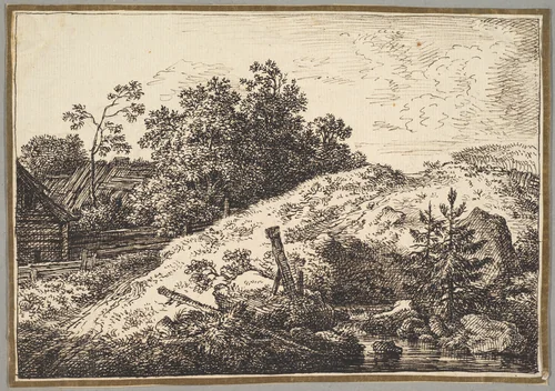 Landscape with a Brook and Farm Buildings by Ferdinand Kobell, drawing, 1760-1799