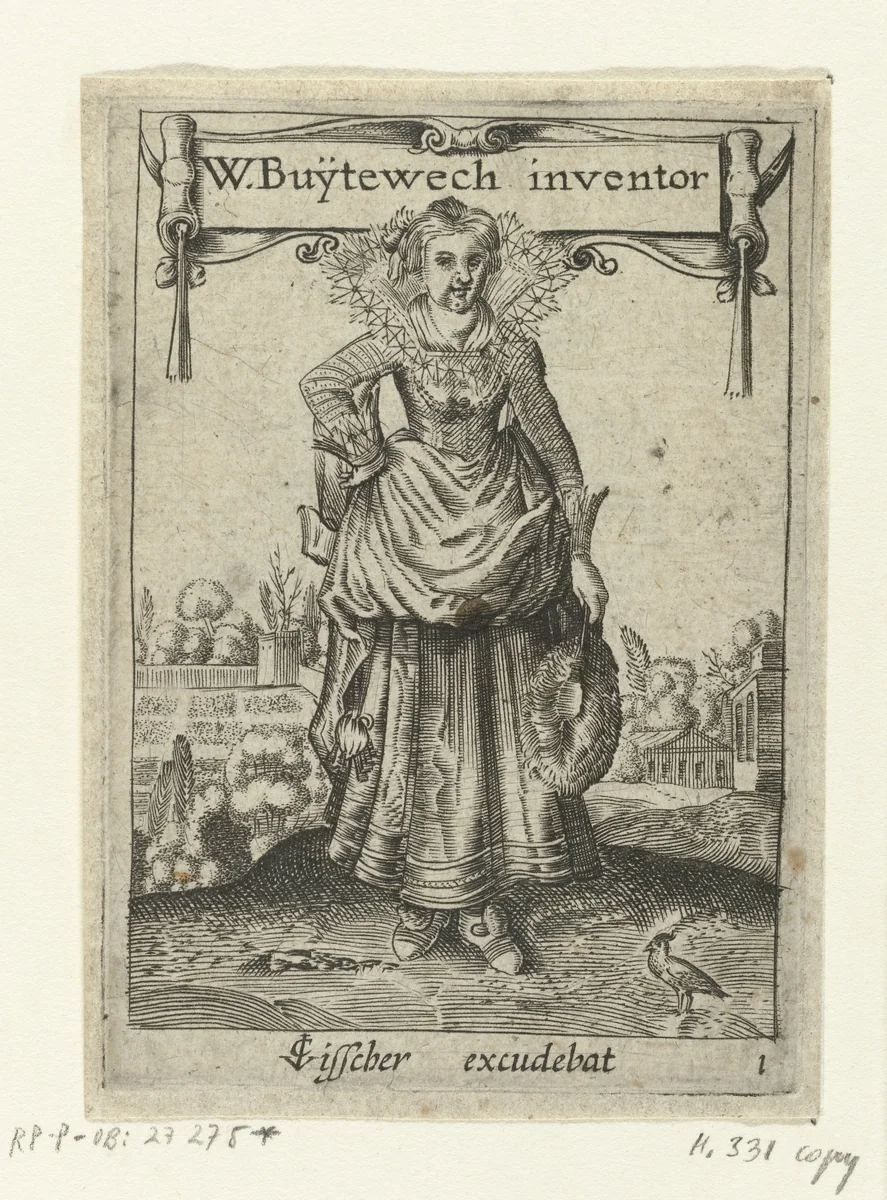 Elegante dame met veren waaier by anonymous, print, 1619-1652