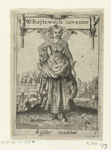 Elegante dame met veren waaier by anonymous, print, 1619-1652