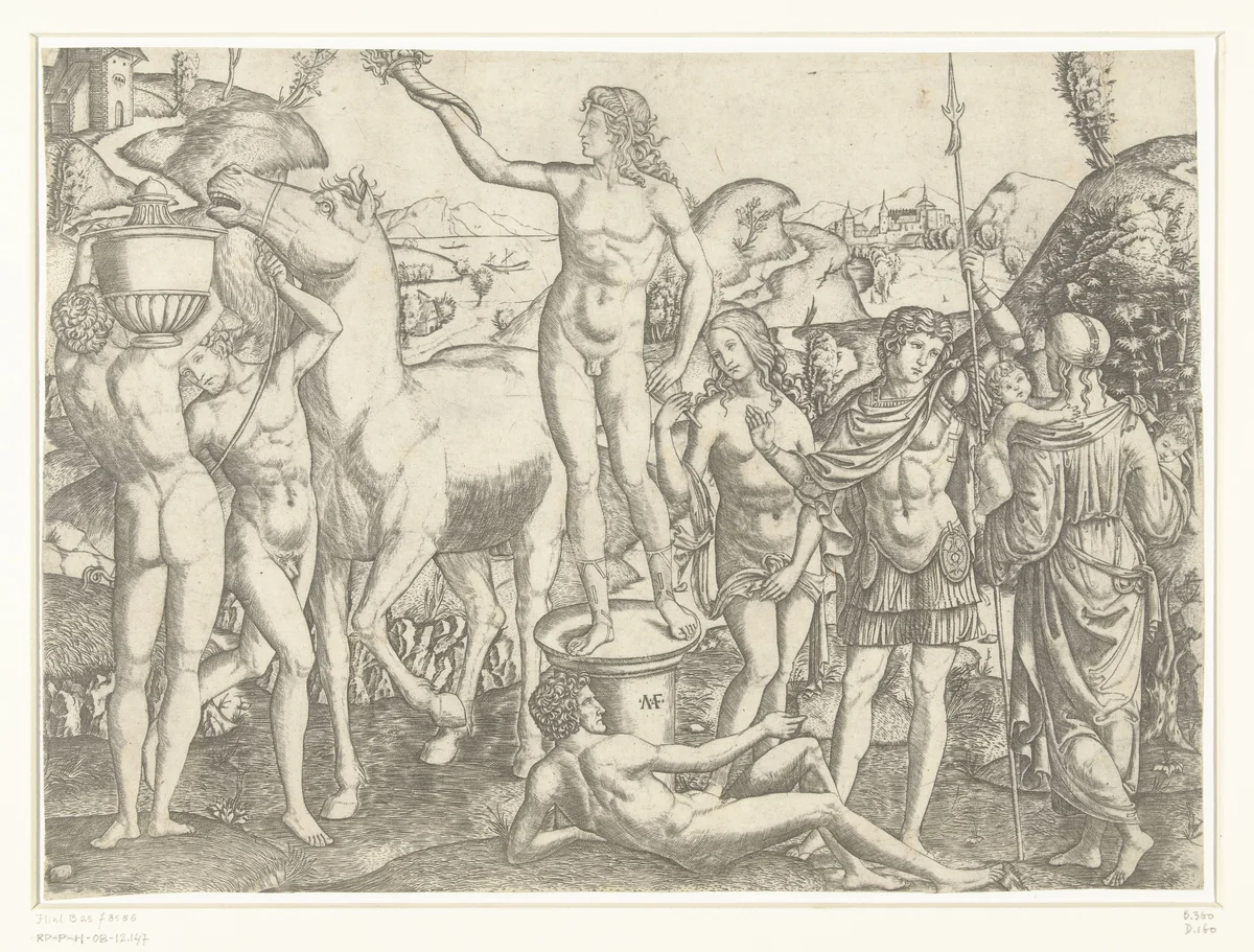 Naakte man met fakkel staat op sokkel omringd door naakte mannen met paard en vaas en soldaat geflankeerd door deugden Voorzichtigheid en Liefde by Unknown, print, 1510-1527