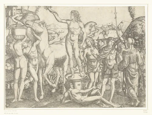 Naakte man met fakkel staat op sokkel omringd door naakte mannen met paard en vaas en soldaat geflankeerd door deugden Voorzichtigheid en Liefde by Unknown, print, 1510-1527