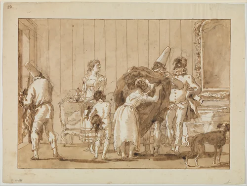 Punchinello as a Dressmaker by Giovanni Domenico Tiepolo, drawing, 1797-1803