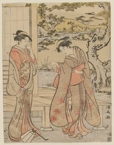 Woman Dropping a Lantern by a Porch by Torii Kiyonaga (鳥居清長), print, 1788