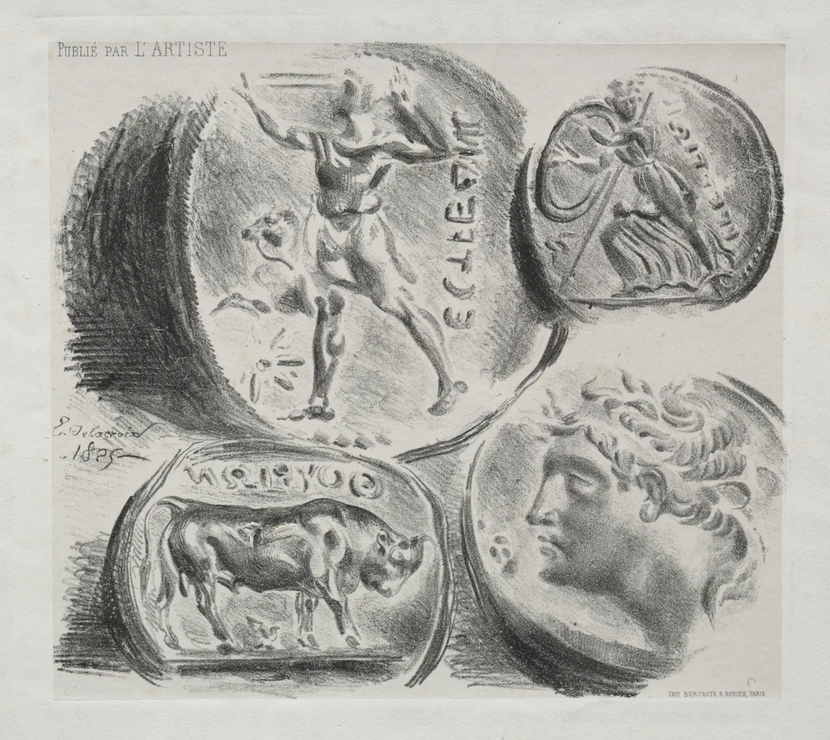 Sheet with Four Antique Medals by Eugène Delacroix, print, 1825