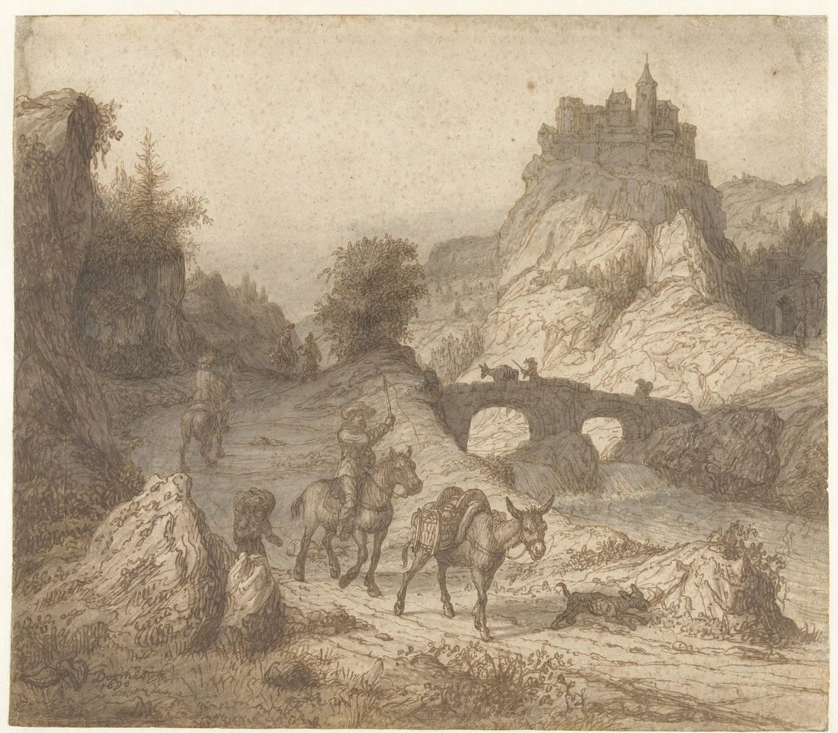 Berglandschap met kasteel en figuren by Lambert Doomer, drawing, 1690