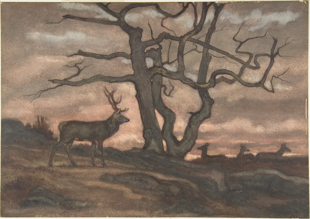 Deer and Tree Against Sunset by Antoine-Louis Barye, drawing, 1810-1875