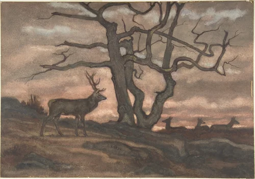 Deer and Tree Against Sunset by Antoine-Louis Barye, drawing, 1810-1875