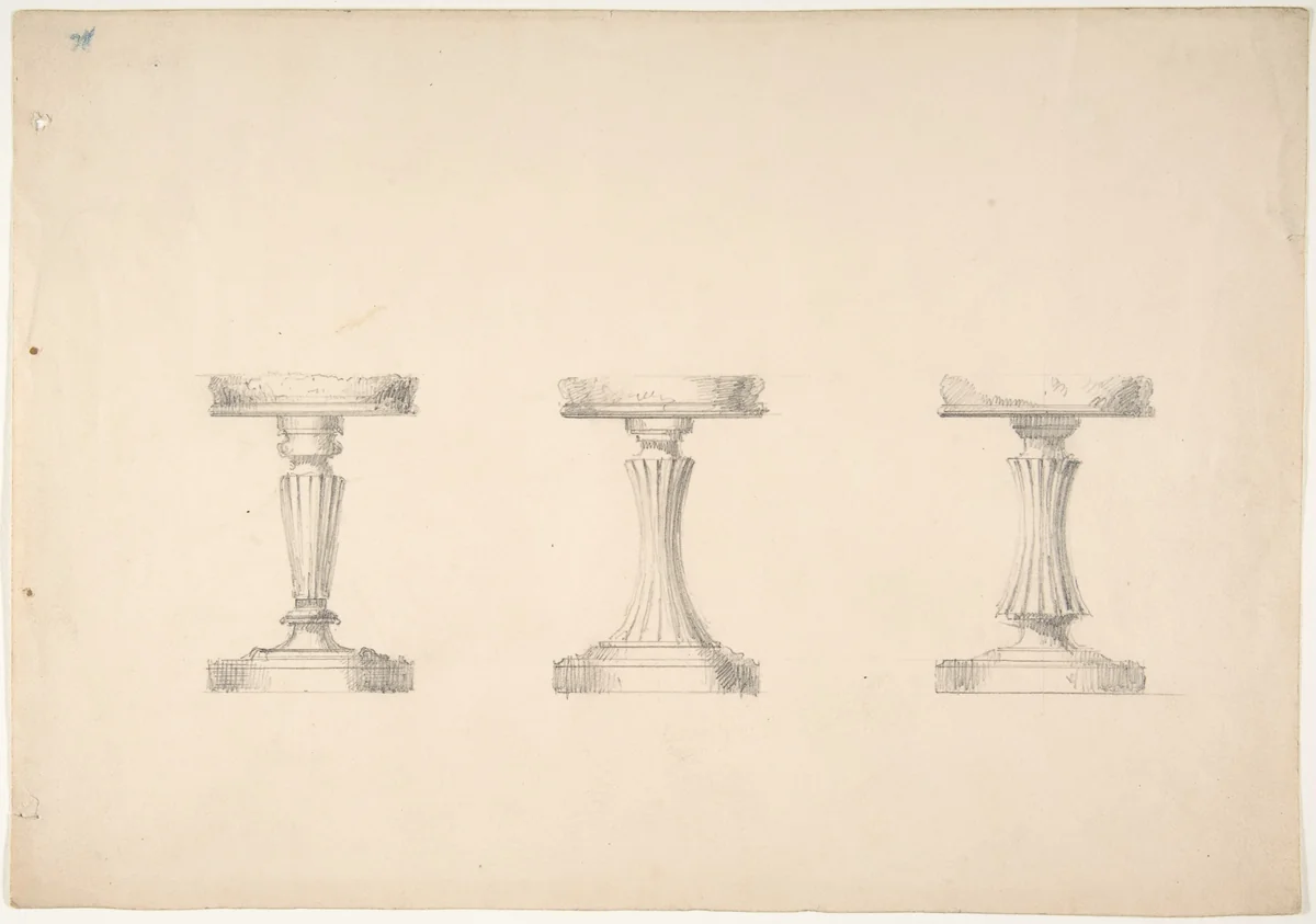 Design for Three Stools with Columnar Supports by anonymous, drawing, 1800-1850