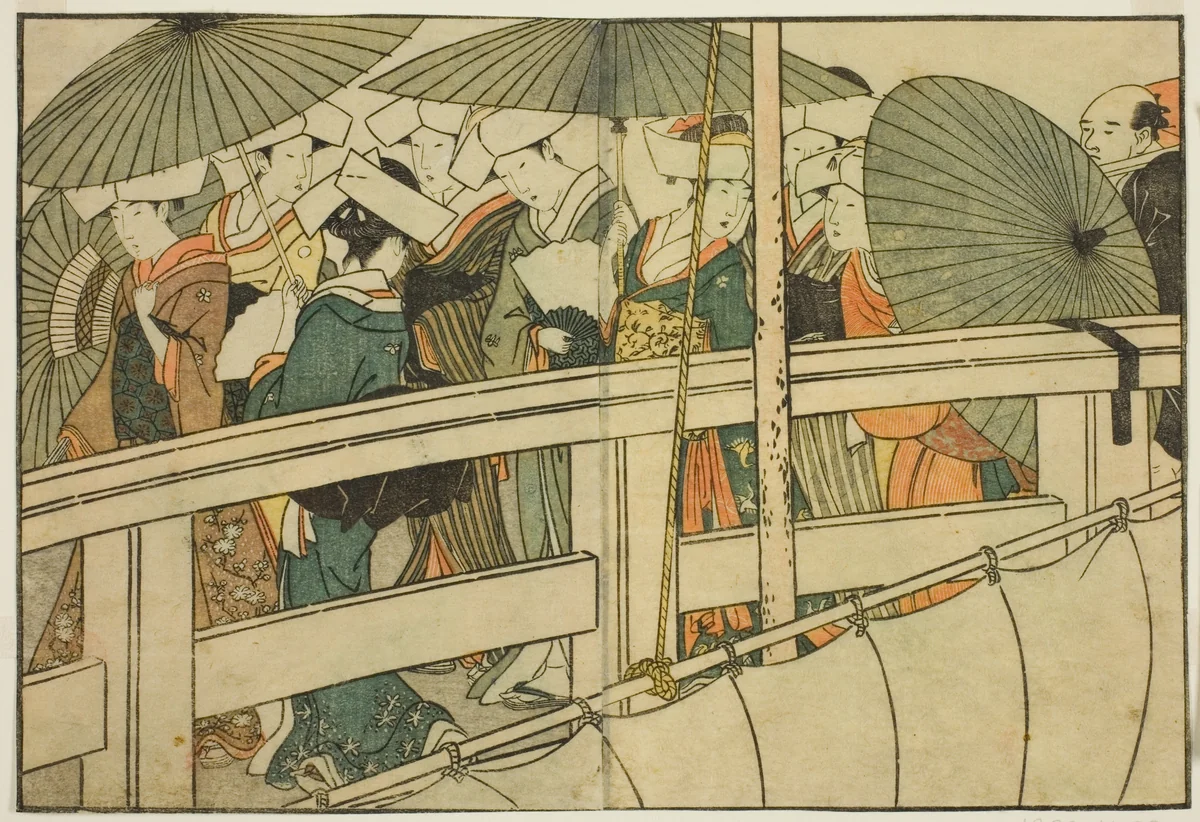 Crossing a Bridge in Summer, from the illustrated book "Picture Book: Flowers of the Four Seasons (Ehon shiki no hana)," vol. 1 by Kitagawa Utamaro (喜多川歌麿), print, 1801