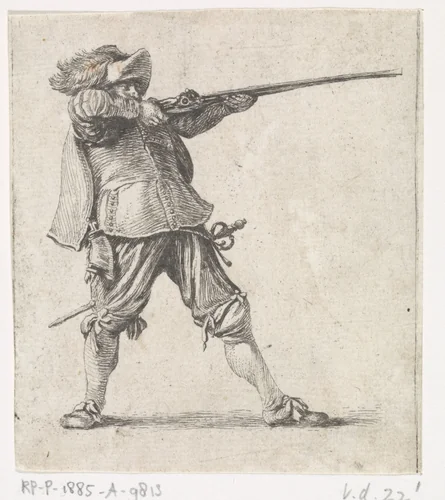 Staande soldaat, zijn geweer afschietende by Dirk Maas, print, 1708-1717