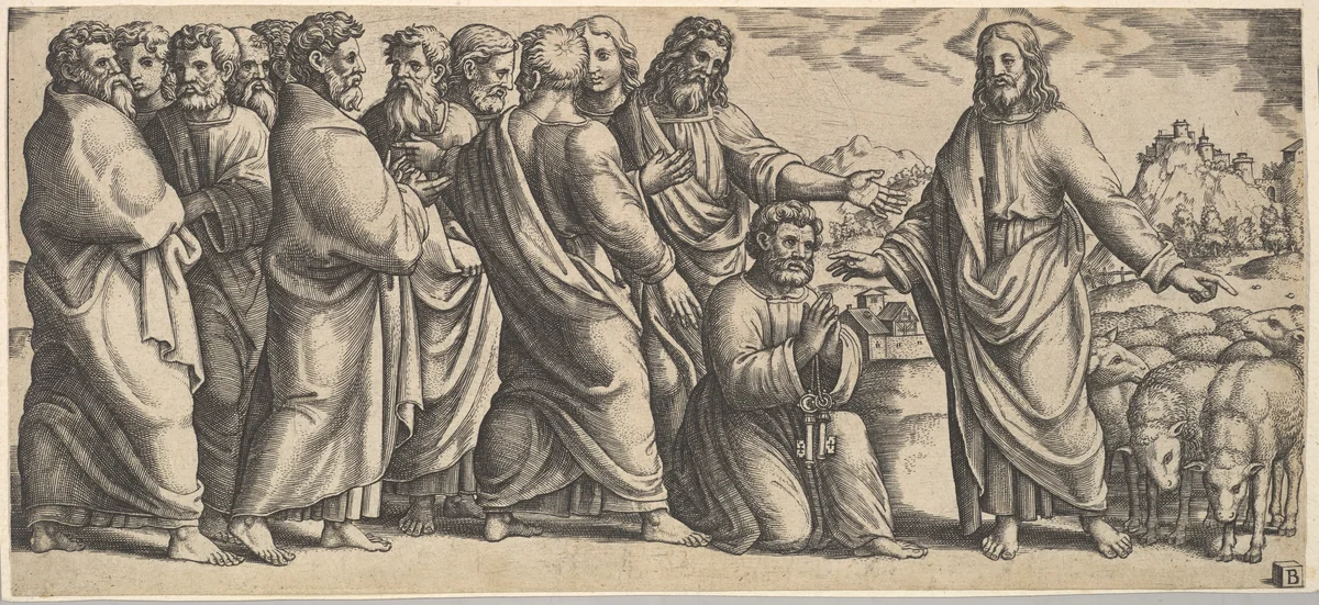 The Delivery of the Keys to Peter by Master of the Die, print, 1520-1570