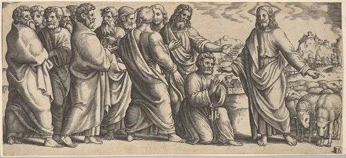 The Delivery of the Keys to Peter by Master of the Die, print, 1520-1570