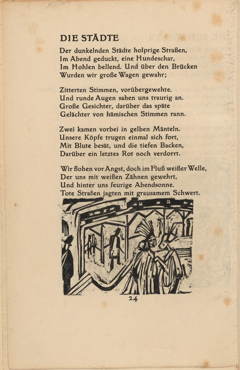 Die Städte (The Cities) (in-text plate) from mock-up of Georg Heym: Umbra Vitae (Georg Heym: Shadow of Life) by Ernst Ludwig Kirchner, volume, 1912-1922