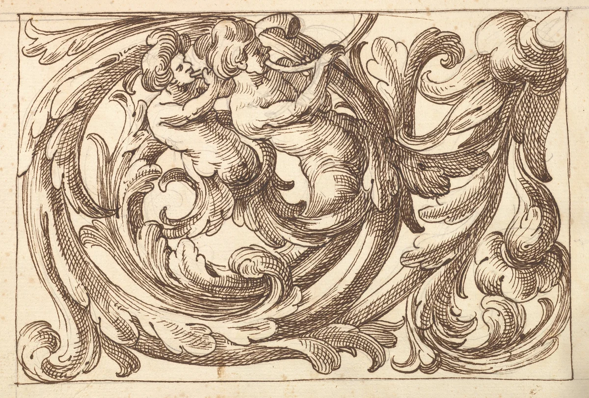 Horizontal Panel Design with Two Male Figures Playing Horns Interspersed between Acanthus Rinceaux by anonymous, drawing, 1600-1650