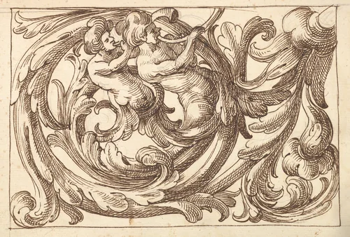 Horizontal Panel Design with Two Male Figures Playing Horns Interspersed between Acanthus Rinceaux by anonymous, drawing, 1600-1650