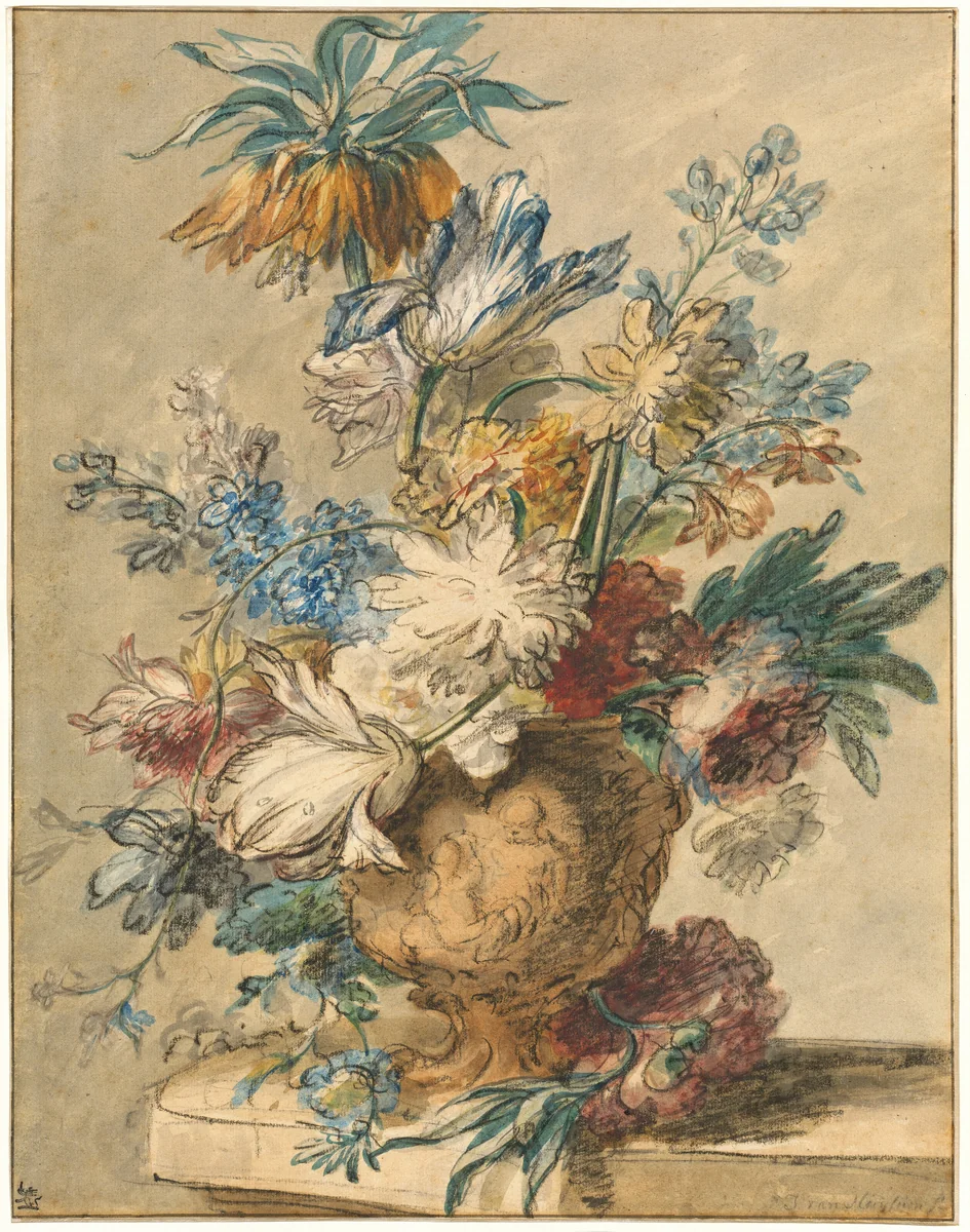 Bouquet of Spring Flowers in a Terracotta Vase by Jan van Huysum, drawing, 1720-1729