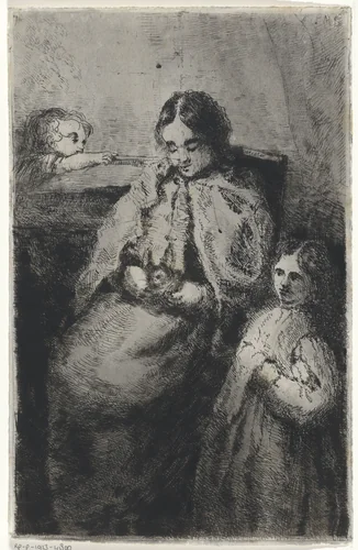 Moeder en twee kinderen by Arnoud Schaepkens, print, 1831-1904