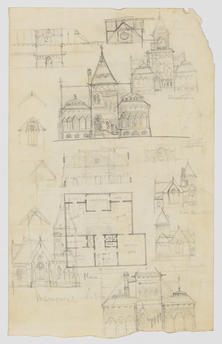 Design Sketches for a Memorial Library (recto and verso) (possibly the Winn Memorial Library, Woburn, Massachusetts) by Henry Hobson Richardson, drawing, 1871-1881