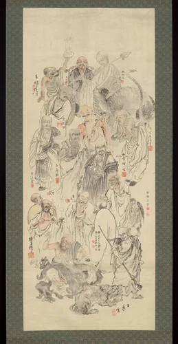 Collaborative Painting of Sixteen Arhats by Suzuki Hyakunen (鈴木百年), painting, 1870-1880