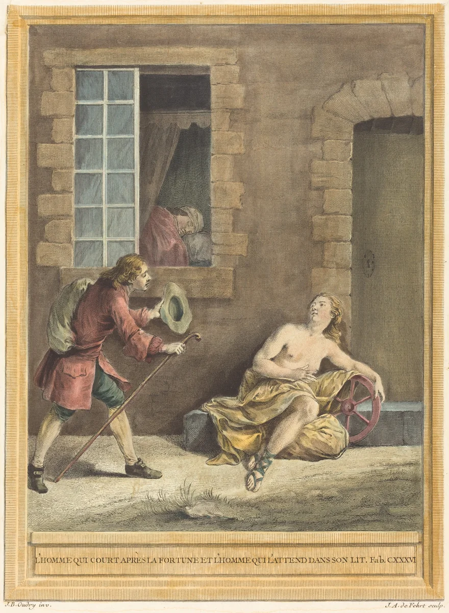 L'homme qui court apres la fortune et l'hommequi l'attend dans son lit (The Man who Courts Fortune and the Man Who Sleeps in Bed) by Jean-Baptiste Oudry, print, 1756