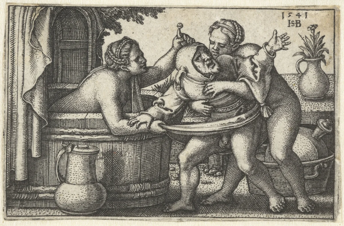 Jester and Two Bathing Women by Unknown, print, 1541