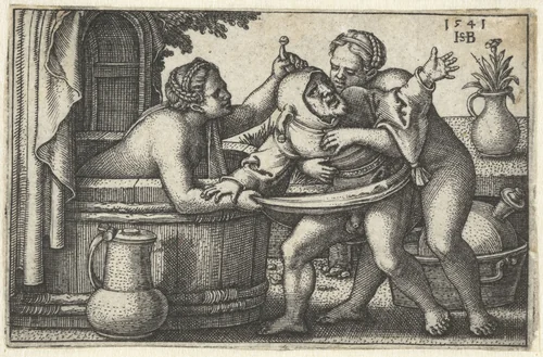 Jester and Two Bathing Women by Unknown, print, 1541