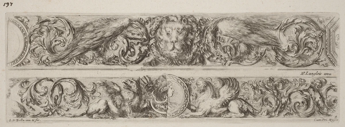 Two Ornamental Bands with Head of a Lion and Woman by Stefano della Bella, print, 1648