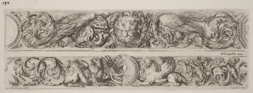 Two Ornamental Bands with Head of a Lion and Woman by Stefano della Bella, print, 1648