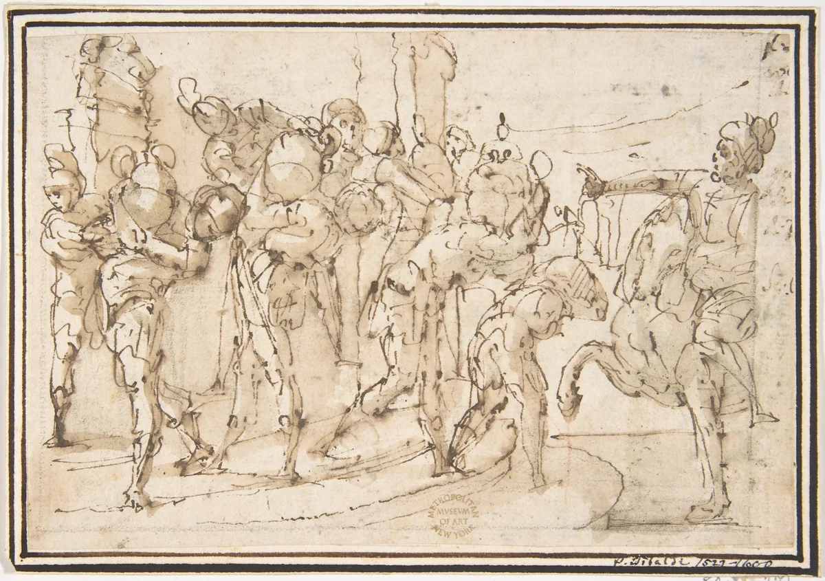 Men Carrying Jars by Francesco Allegrini, drawing, 1624-1663