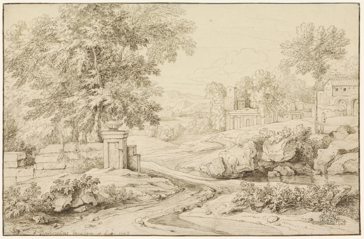 Landschap met ruïnes, links een vervallen muur by Frans Boudewijns, drawing, 1708