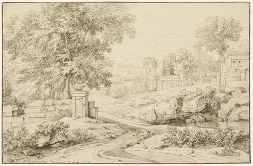 Landschap met ruïnes, links een vervallen muur by Frans Boudewijns, drawing, 1708