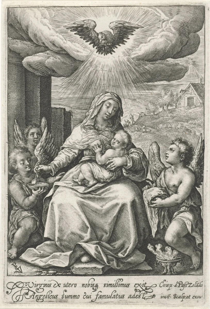 Maria met het Christuskind en engelen by Unknown, print, 1574-1637