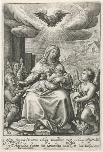 Maria met het Christuskind en engelen by Unknown, print, 1574-1637