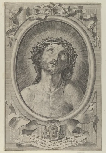 Head of Christ with crown of thorns, in an oval frame with a ribbon above and banderole below, after Reni by Cajetanus Urbinas, print, 1600-1700