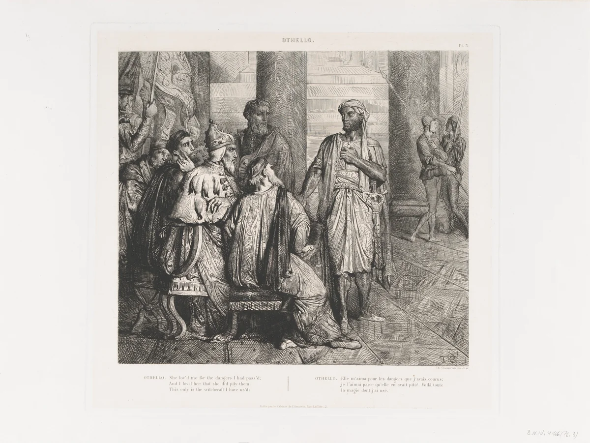 "She lov'd me for the dangers I had pass'd": plate 3 from Othello (Act 1, Scene 3) by Théodore Chassériau, print, 1844-1900