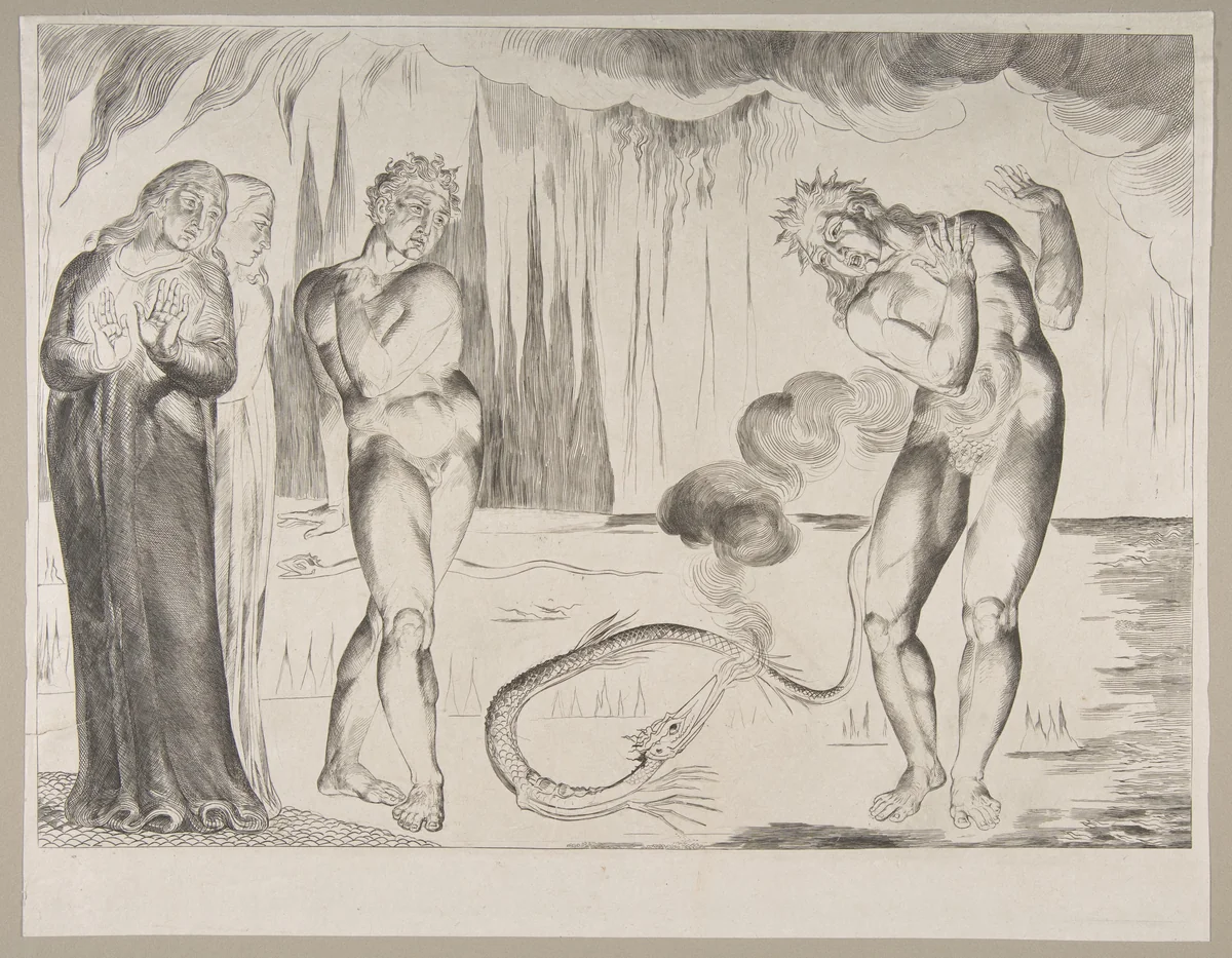 The Circle of the Thieves; Buoso Donati Attacked by the Serpent by William Blake, print, 1820-1832
