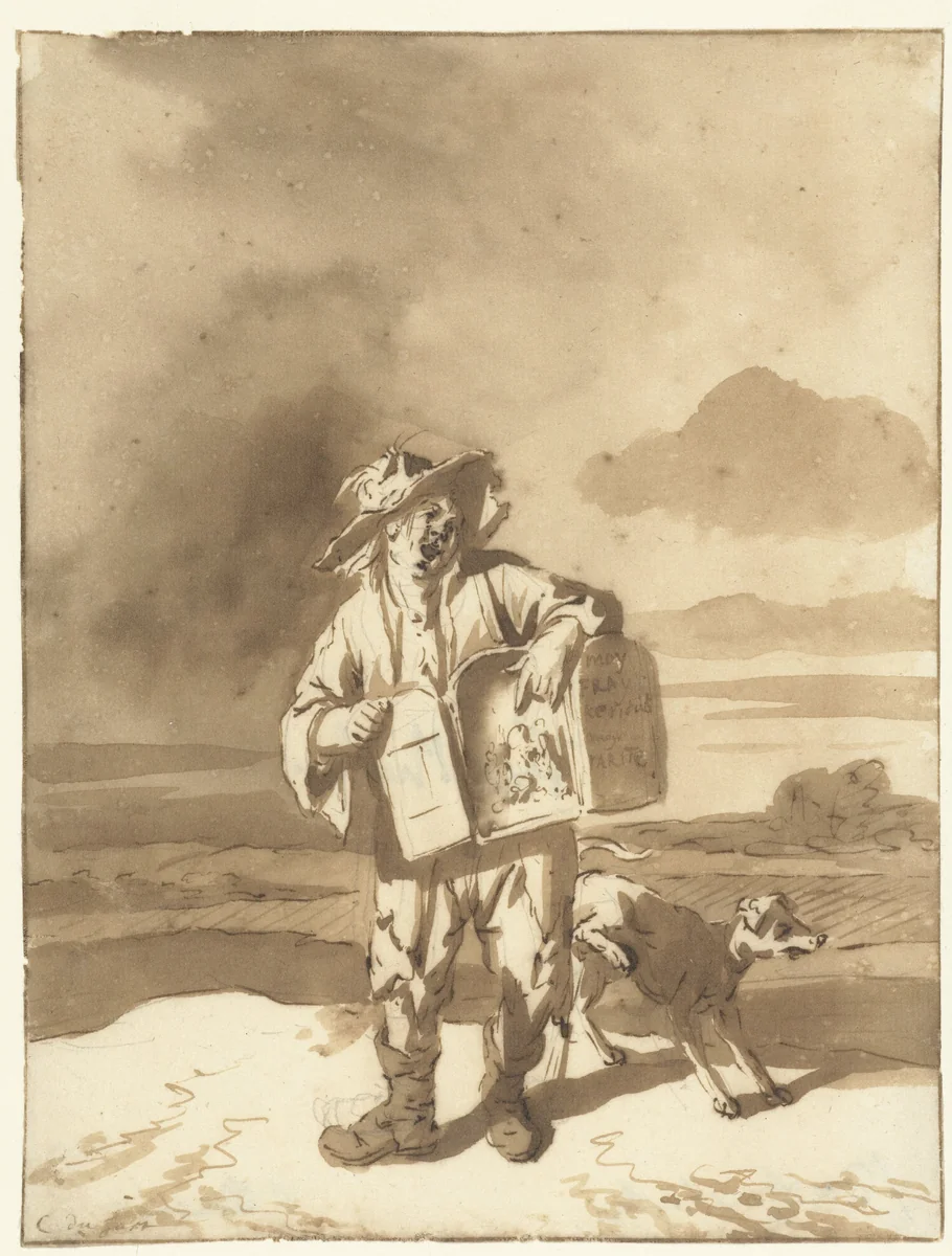 A Young Man with a Peepshow and a Dog by Cornelis Dusart, drawing, 1670-1704