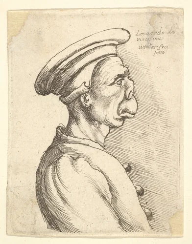 Bust of a man with a flat nose and protruding mouth, wearing flat cap and buttoned coat in profile to right by Wenceslaus Hollar, print, 1660