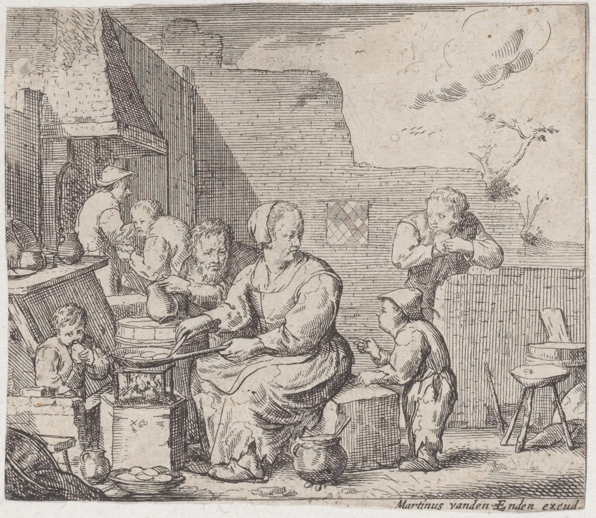 Peasant woman, seated, and cooking, with three children and a man around her by Jacques Dassonville, print, 1635-1675