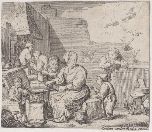 Peasant woman, seated, and cooking, with three children and a man around her by Jacques Dassonville, print, 1635-1675