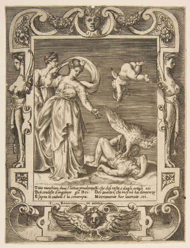A vulture eating the innards of Titius, Cupid above two women to the left, set within and elaborate frame, from "Loves, Rages and Jealousies of Juno" by Giulio Bonasone, print, 1531-1576