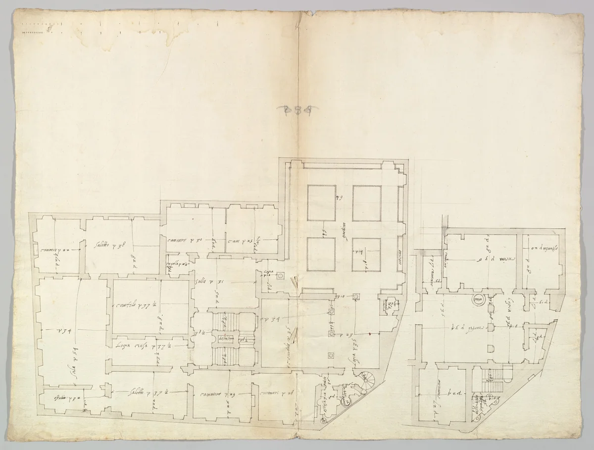Unidentified palace, plan (recto) blank (verso) by anonymous, drawing, 1500-1560