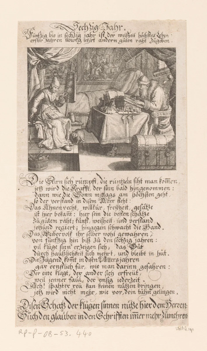 Ouder echtpaar aan het werk by Conrad Meyer, print, 1675