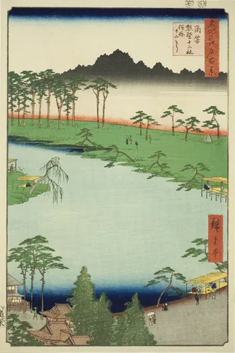 Kumano Junisha Shrine in Tsunohazu, Popularly Known as Juniso (Tsunohazu Kumano Junisha, zokusho Juniso), from the series "One Hundred Famous Views of Edo (Meisho Edo hyakkei)" by Utagawa Hiroshige (歌川広重), print, 1856